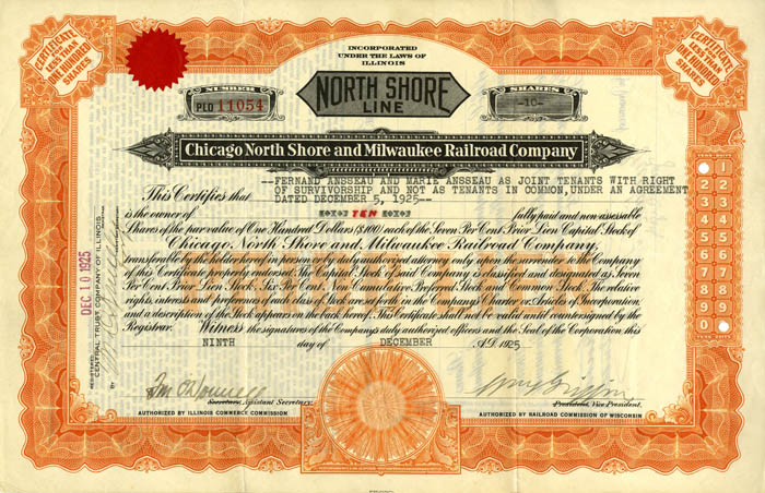 Chicago, North Shore and Milwaukee Railroad - Stock Certificate